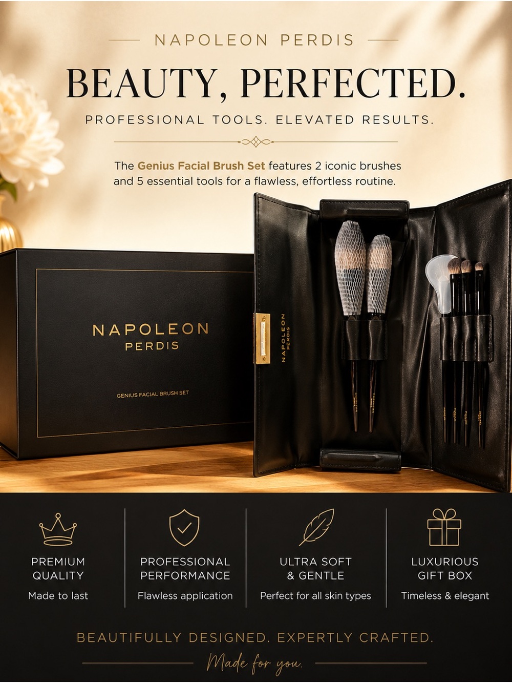 Napoleon Perdis Black & Gold Professional Makeup Brush Set with Case